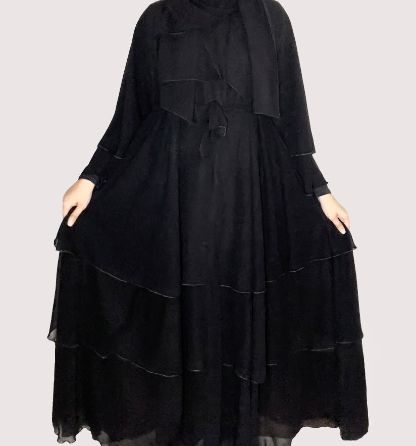 Layered chiffon abaya black open close