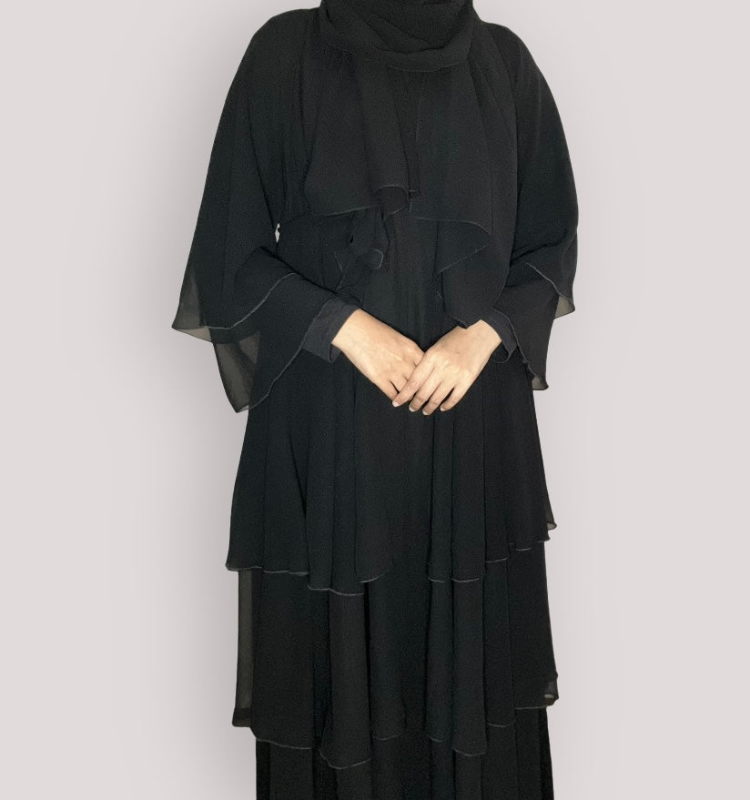 Layered chiffon abaya black open close